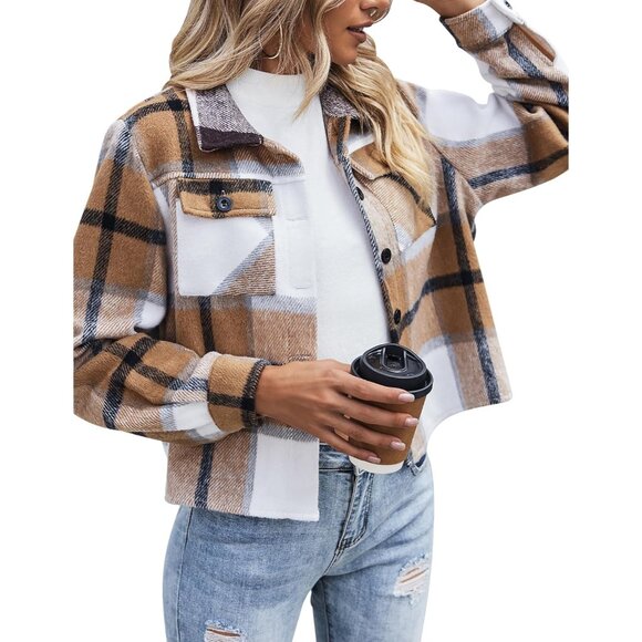 Jackets & Blazers - Flannels for Women Cropped Shacket Jacket Fashion Plaid Button Down Shirt 2025 F